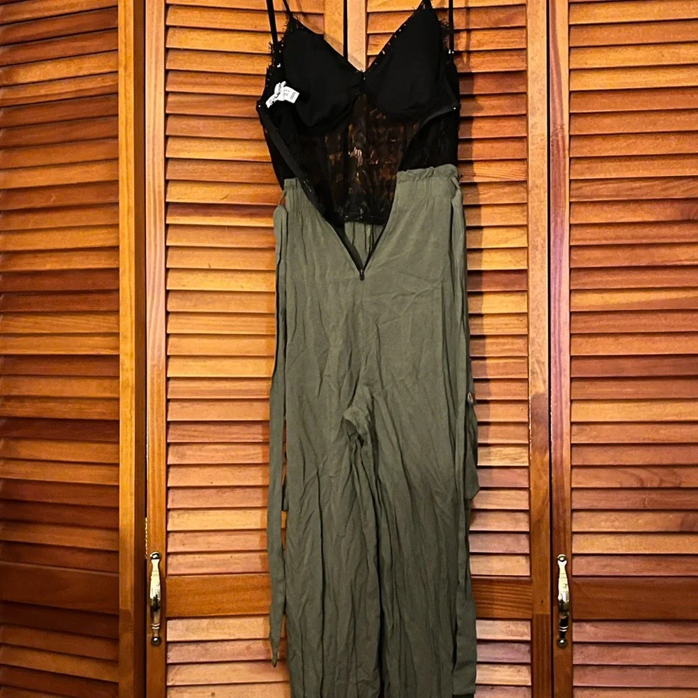 Charlotte Russe Black Lace & Olive Green Utility Jumpsuit - Picture 3 of 6